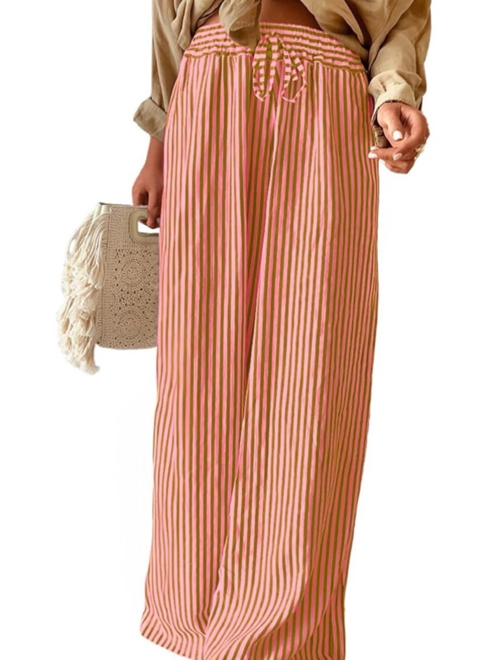 Striped Wide-Leg Drawstring Pants in Pink and Tan